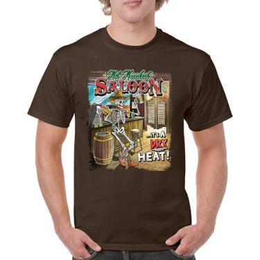 Imagem de Camiseta masculina Hot Headed Saloon But its a Dry Heat Funny Skeleton Biker Beer Drinking Cowboy Skull Southwest, Marrom, P
