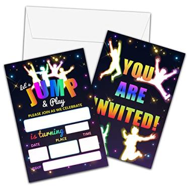 Imagem de Convites de aniversário de trampolim de salto com envelopes - Cartão de convite de festa Bounce House para meninas / meninos - Cartões de convites de preenchimento neon Glow - Celebração da festa