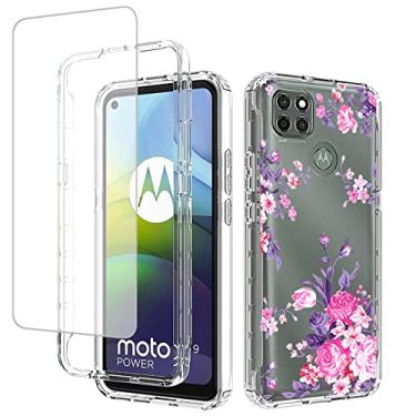 Imagem de Zoeirc Capa para Moto G9 Power, XT2091-3 com protetor de tela de vidro temperado, capa macia 360 à prova de choque híbrida transparente para Motorola Moto G9 Power (flor rosa)