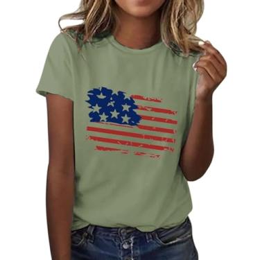 Imagem de Camiseta feminina moderna casual com bandeira do Dia da Independência estampada gola redonda manga curta camiseta xadrez para mulheres, Ag, G