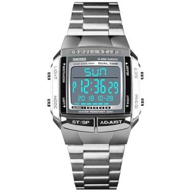 Imagem de MASTOP Relógio digital masculino com alarme esportivo, cronômetro, para negócios, quadrado, impermeável, masculino, Prata, Cronógrafo, digital, movimento de quartzo