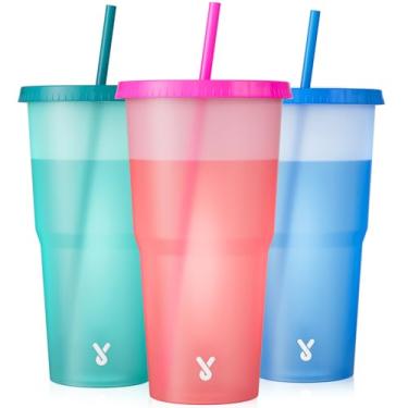 Imagem de Meoky Copos de plástico com tampas e canudos - pacote com 3 copos de 1,134 g a granel, copos reutilizáveis que mudam de cor para festas, carros, mulheres, adultos, café gelado, sem BPA