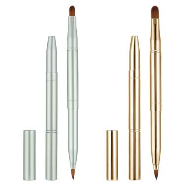 Imagem de Pacote com 2 pincéis labiais retráteis com tampa, pincéis de maquiagem de duas pontas retráteis, aplicadores de batom, brilho labial, viagem, dourado, verde