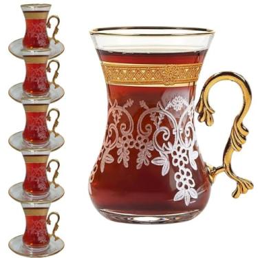 Imagem de Vissmarta Conjunto de 6 copos de chá turco vintage dourado com 6 copos para beber festa adultos bandeja de café para servir chique chaleira feminina presente xícara de chá alça marroquina bule de chá