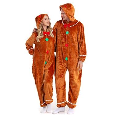Imagem de HSCTEK Macacão de biscoito de gengibre adulto, pijama de natal feminino masculino, fantasia de biscoito de gengibre familiar adolescente 2GG