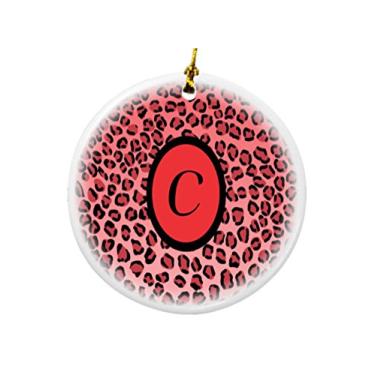 Imagem de Rikki Knight Ornamentos de Natal frente e verso de porcelana redonda com estampa de leopardo vermelho com monograma inicial C