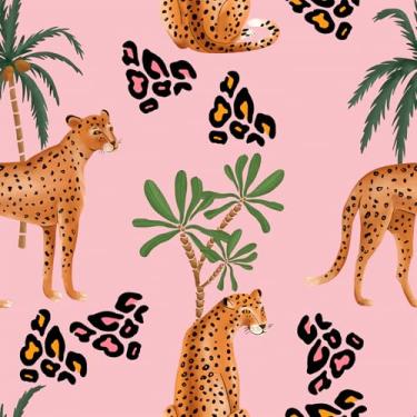 Imagem de VEELIKE Papel de parede rosa tropical destacável e adesivo de guepardo removível para quarto de banho, berçário, 40 x 900 cm, papel de parede de leopardo pré-colado para locatários adesivo rosa para