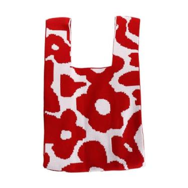 Imagem de Sacola de malha de crochê com flores, bolsa de mão feminina, bolsa de pulso, bolsa portátil de armazenamento de compras, bolsa Hobo de grande capacidade para mulheres e meninas, vermelha, Vermelho