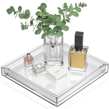 Imagem de Bandeja de acrílico transparente – Bandeja decorativa quadrada multiuso de 25,4 x 25,4 cm para exibição e serviço de perfume, bandeja organizadora de pia de banheiro para banheiro, penteadeira, mesa