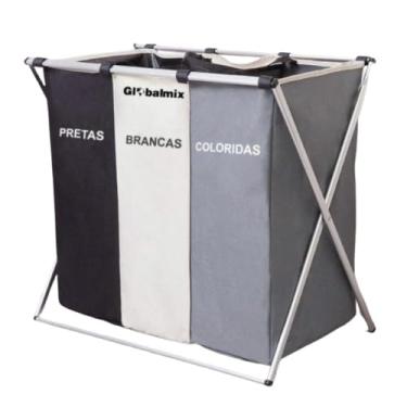 Imagem de Cesto Organizador Para Roupa Suja de Tecido Oxford Cesto de Lavanderia Dobrável Portátil Banheiro com 3 Divisórias Compartimentos Organizador Multiuso Compr. 66 cm × Largura 38 cm x Altura 63 cm