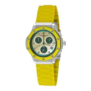 Imagem de Relógio de pulso feminino com cronógrafo Cosmo Girl 180R de 37mm, mostrador branco e pulseira de silicone amarela. Marca Stuhrling.