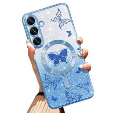 Imagem de AIGOMARA Capa de telefone feita para Samsung Galaxy S25 Plus [compatível com carregamento sem fio] Design de borboleta TPU macio Glitter Bling Capa à prova de choque anti-arranhões para mulheres -