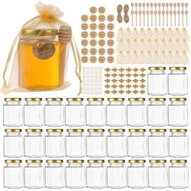 Imagem de TOEKSIX Pacote com 30 frascos de mel de 118 ml com tampas douradas, adesivos, etiquetas, sacos e juta, pequenos frascos de vidro hexagonais para lembrancinhas de chá de bebê/lembrancinhas de festa de