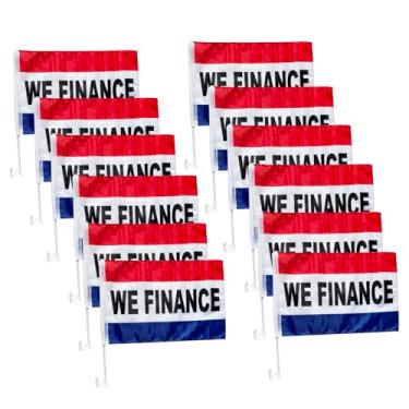 Imagem de Julysgift Pacote com 12 bandeiras de clipe de janela de carro, 30,5 x 43,3 cm, unilateral, bandeiras publicitárias para promoção de marketing de concessionárias de automóveis (Finance-R/W/B)