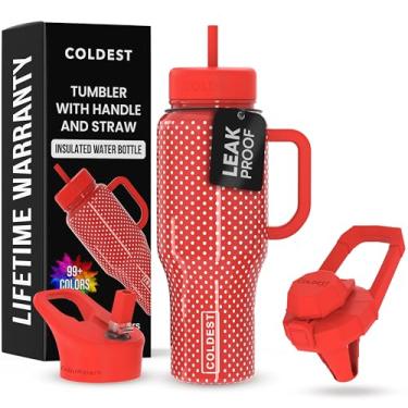 Imagem de Copo Coldest com alça e canudo - Copo isolado 100% à prova de vazamento com tampa e canudo (3 tampas) - Copos de aço inoxidável para mulheres e homens - Base compatível com porta-copos, 1,020 g