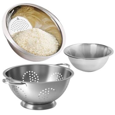 Imagem de Kit Escorredores Multiuso Aço Inox Lavador de Arroz, Macarrão e Bowl - Lehavi