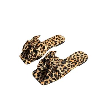 Imagem de GORGLITTER Sandálias femininas bonitas com laço moderno 2025 estampa gráfica elegante bico quadrado aberto sandálias rasteiras de verão, Laço marrom, 40