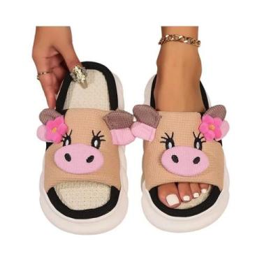 Imagem de Chinelo Feminino de Inverno - Design de Vaca, Linho e Algodão, Solado 