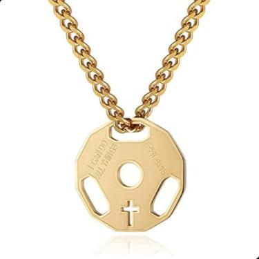 Imagem de Colar Corrente Pingente Anilha Cruz Vazada Aço Inoxidável Cordão Fit Crucifixo Masculino Academia (Dourado)