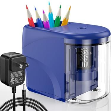 Imagem de Apontador elétrico de alta resistência com adaptador/funciona a pilhas para lápis nº 2/(6-8 mm) com parada automática e escova de limpeza na escola/sala de aula/escritório (azul)