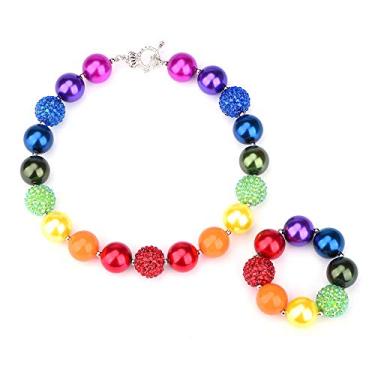 Imagem de Colar Bling Bling Chunky Bubblegum arco-íris moderno contas e pulseira conjunto com caixa de presente para bebês meninas