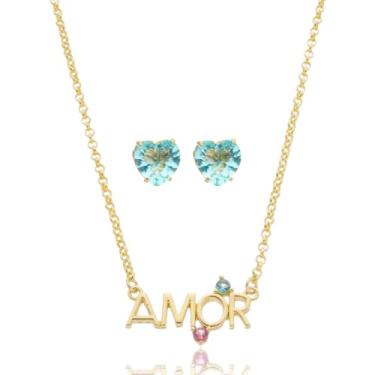 Imagem de Presente Namorada Colar E Brinco Amor Zircônia Semijoia Antialérgica Banhado a Ouro 18k (Azul)