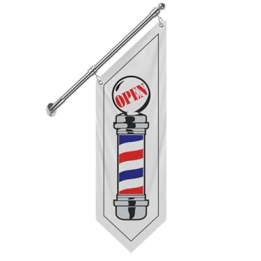 Imagem de QSUM Bandeira de parede de barbearia, placa externa de lona dupla face com poste de aço inoxidável e suporte de parede, banner de barbeiro suspenso à prova de intempéries para corte de cabelo - 30,5 x