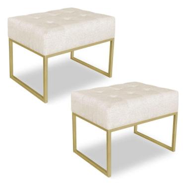 Imagem de Kit 02 Puffs Lisa Linho Base Metálica Industrial Dourado Bege