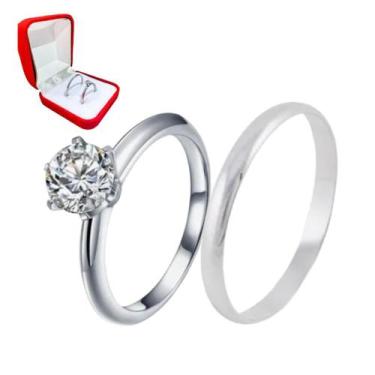 Imagem de Aliança União Prata 2mm + Anel Solitario Tradicional 2mm Pedra Branca 