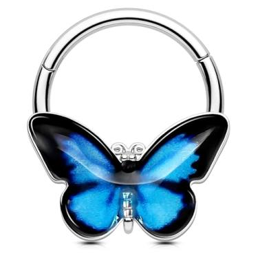 Imagem de OUFER Anéis de septo de borboleta, joia de piercing de septo Daith 16G, clique de segmento articulado, brincos de cartilagem de hélice Daith para mulheres, homens, azul/rosa, 16G 10MM, Metal, Sem