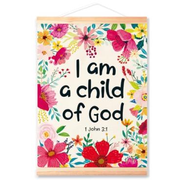 Imagem de Quadro de pendurar para pôsteres infantis cristãos para decoração de sala de aula Nuresy, 1 João 3:1, verso da Bíblia, citação "I am a Child of God", impressão de pôster de arte de parede para quarto