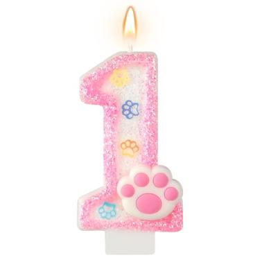 Imagem de AKURIEEY Vela de aniversário de 1º aniversário para cães e gatos, números rosa, 1 vela, enfeite de bolo de pata, decorações de cupcake para decoração de festa com tema de animais de estimação, artigos