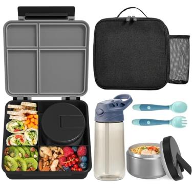 Imagem de Lancheira infantil Bento com garrafa térmica de sopa de 227 g, garrafa de água, lancheira à prova de vazamento para crianças com 4 compartimentos, pote isolado para comida quente com lancheira para