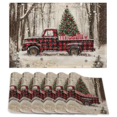 Imagem de Conjunto de 6 jogos americanos de caminhão vermelho, árvore de Natal, impermeável, antiderrapante, lavável, para cozinha, jantar, festa, casamento, decoração de 30 x 45 cm