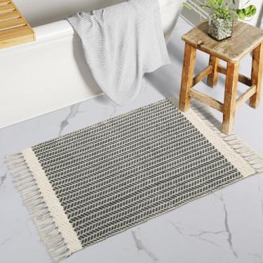 Imagem de Lahome Tapete de banheiro boho, tapete de porta frontal pequeno 2x3 tapete de cozinha leve tapete de área de algodão tecido com borlas, tapete cinza lavável não derramamento tapete de pilha baixa para lavanderia de entrada