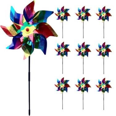 Imagem de Generic Pacote Com 10 Cata-Ventos Para Jardim, 19,7" Estacas, Conjunto De Rodas Pinos Brilhantes Extras, Repelentes Pássaros Espantar E Animais Do Quintal, Pátio Fazenda (Arco-Íris)