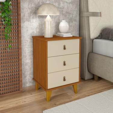 Imagem de Mesa de Cabeceira Grécia com 3 Gavetas e Puxadores de Couro (Cedro/Off)