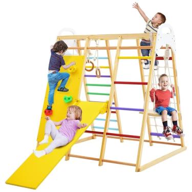Imagem de Playground GLACER 8-em-1 Infantil: Escorregador, Balanço, Barra de Macaco, Escada de Corda, Parede de Escalada, Rede, Argolas Ginásticas.