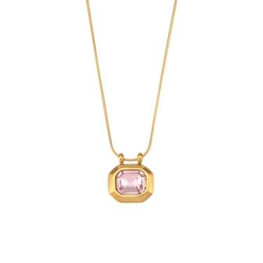 Imagem de Colar com pingente quadrado verde esmeralda CZ banhado a ouro 18K delicada corrente de cobra joia quadrada preto rosa verde colar de cristal transparente (rosa)