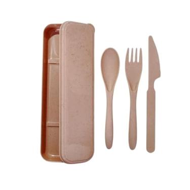 Imagem de Conjunto De Talheres Fibra de Trigo Estojo Colher Garfo Faca Reutilizável - MELLUZ (Nude-Rosê)
