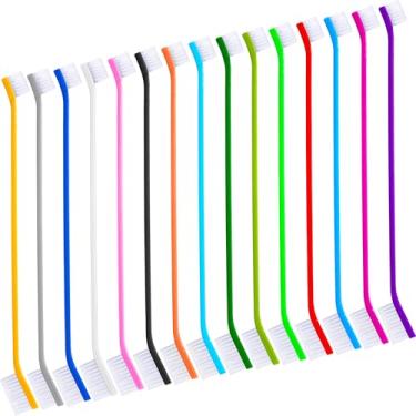 Imagem de Nuenen 15 escovas de dentes para cães, duas cabeças, kit de escovação de dentes para filhotes, escova de dentes de cabo longo para cães grandes e pequenos, gatos, a maioria dos animais de estimação