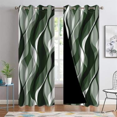 Imagem de DORCEV Cortinas de janela com linhas onduladas verde-escuras arte abstrata estética gradiente verde blackout cortinas geométricas com isolamento térmico escurecimento de quarto, cortinas de cozinha