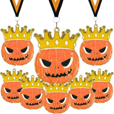 Imagem de LAIAMER 12 medalhas de abóbora de Halloween com glitter, prêmio de escultura de abóbora em massa de 5 cm, prêmio de fantasia de abóboras com fitas de pescoço, medalha de doces ou travessuras para