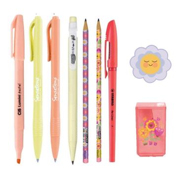 Imagem de Kit Papelaria Floral Borracha Apontador Caneta