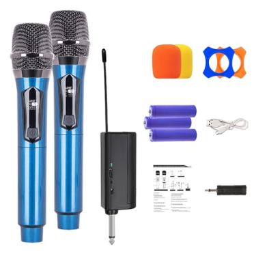 Imagem de Microfone Sem Fio UHF Duplo Profissional - Receptor Incluso, Alcance Longo - Ideal para Karaokê, Festas, Palestras e Eventos (Azul)