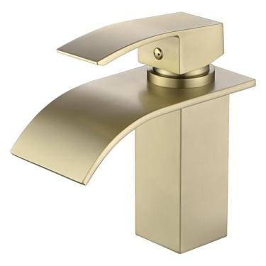 Imagem de SUMERAIN Torneira de pia de banheiro cachoeira sem chumbo torneira de lavatório de aço inoxidável alça única orifício único, ouro escovado