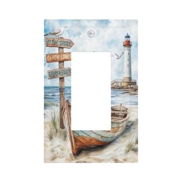 Imagem de LWDZLHD Capa de interruptor de luz náutica para barco marítimo praia 1 gangue decorativa oceano costeiro único balancim placa de parede placa elétrica para cozinha banheiro quarto 12,7 cm x 7,6 cm