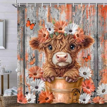 Imagem de Cortina de chuveiro floral rústica de madeira para banheiro, Western Funny Highland Cow Bull Floral Butterfly Country Flower Plant Tecido impresso poliéster à prova d'água pacote com 12 ganchos de