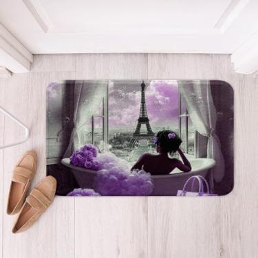 Imagem de Erosebridal Conjunto de tapete de banheiro roxo Paris, Torre Eiffel, estilo francês, para meninas e crianças, tapete de banho para meninas negras afro-americanas, 41 x 61 cm, capacho floral rosa roxa