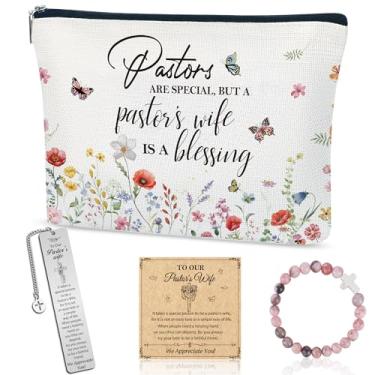 Imagem de SEAOYOZO Presentes de agradecimento da esposa pastor da igreja – Conjunto de 3 peças de presente com bolsa de maquiagem, pulseira, marcador de livro e cartão, presentes de agradecimento cristão para